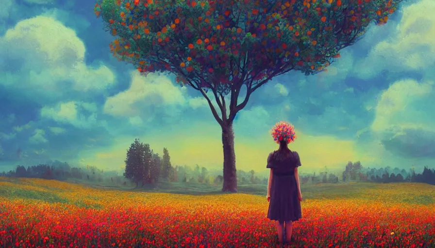 Image similar to girl with a flower face, surreal photography, manipulation, dream, standing in flower field, hills, big trees, sunrise dramatic light, impressionist painting, colorful clouds, digital painting, pointillism, artstation, simon stalenhag, flower