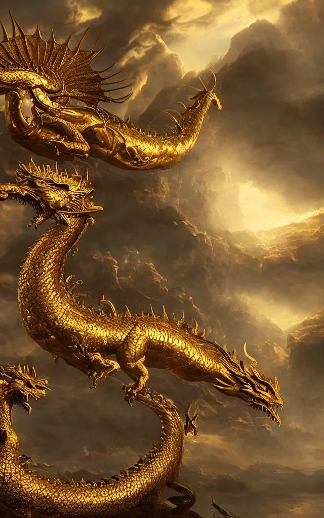 Image similar to a matte painting depicting a golden dragon, epic, legendary, cinematic composition, stunning atmosphere