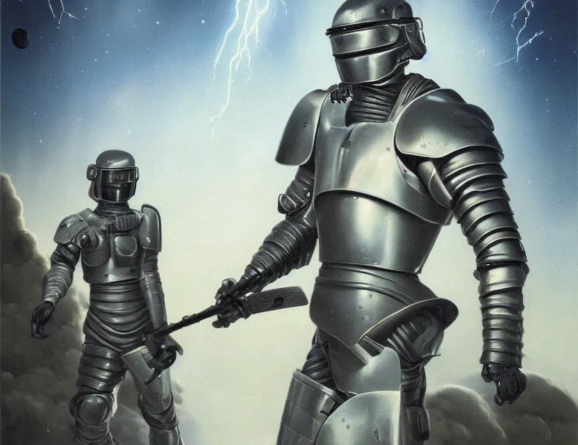 Prompt: a detailed portrait painting of futuristic soldier wearing combat armour and a reflective visor, holding a weapon, spacecraft flies in the distance. cinematic sci-fi poster. Flight suit, cloth and metal, accurate anatomy. Samurai influence, knight influence. fencing armour. portrait symmetrical and science fiction theme with lightning, aurora lighting. clouds and stars. Futurism by moebius beksinski carl spitzweg moebius and tuomas korpi. baroque elements. baroque element. intricate artwork by caravaggio. Oil painting. Trending on artstation. 8k