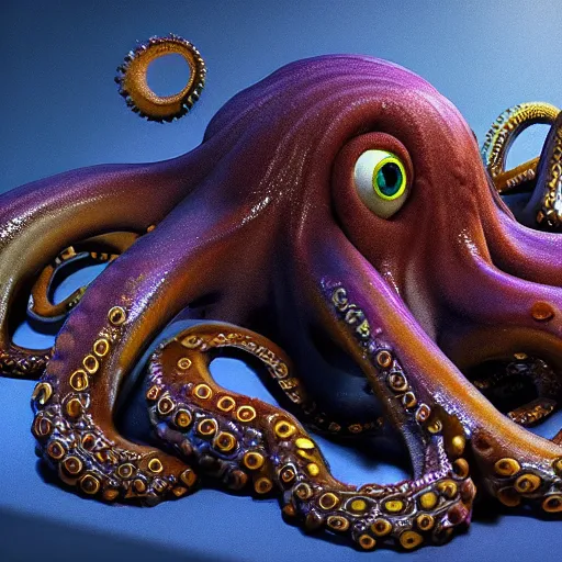 Image similar to portrait of octopus sly cunning, pixar style animation 3d extremely gloomy lighting, atmospheric, cinematic, detailed illustration unreal Engine, 8K