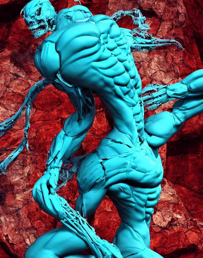 Prompt: positing on rock Apollon sculpture with many inflateble biomechanical details, full lenght view. white plastic, skull, muscles, tumors, veins, biomech. halo. octane rendering, cinematic, hyperrealism, octane rendering, 8k, depth of field, bokeh. iridescent accents. vibrant. teal gold and red color scheme