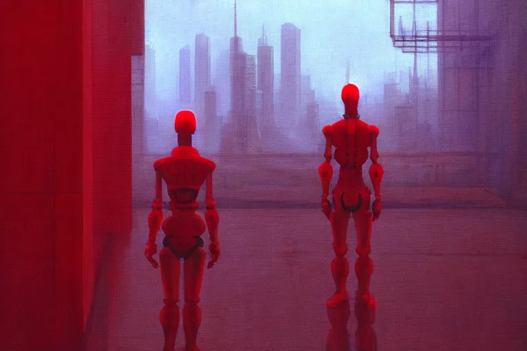 Image similar to only with red, a red cyborg samurai, tokio futuristic in background, some evil yokai, in the style of beksinski, parts by edward hopper, parts by rodcenko, parts by yue minjun, intricate and epic composition, red by caravaggio, insanely quality, highly detailed, masterpiece, red light, artstation, 4 k