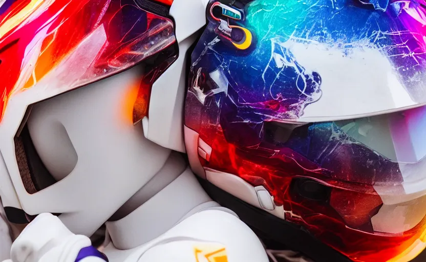 Image similar to beautifully lit medium close up photo of a white marble statue of an anime girl with colorful motocross logos and motorcycle helmet with closed visor, colorful smoke in the background, carved marble statue, fine art, neon genesis evangelion, virgil abloh, offwhite, denoise, highly detailed, 8 k, hyperreal