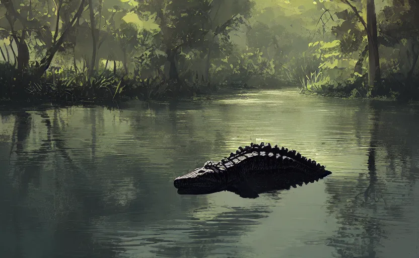 Image similar to a cute gator in a river by Atey Ghailan