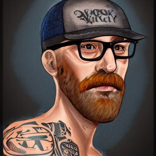 Prompt: portrait of a young, bald, bearded, and tattooed man, wearing glasses and a backwards hat, drinking a glass of whiskey, digital painting, highly detailed, trending on artstation