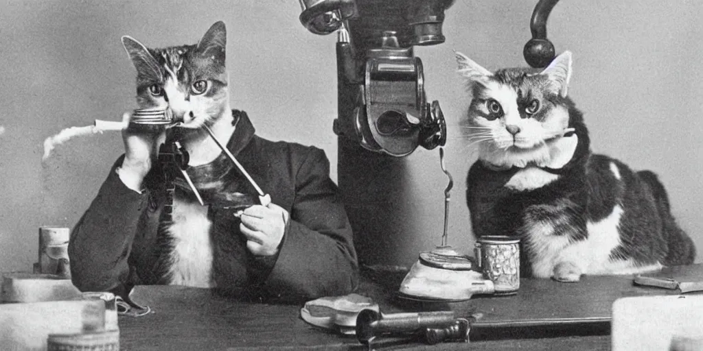 Image similar to a vintage photo from 1890 of a cat smoking a cigar while talking on a rotary phone in a tec support office filled with tools and coffee cups