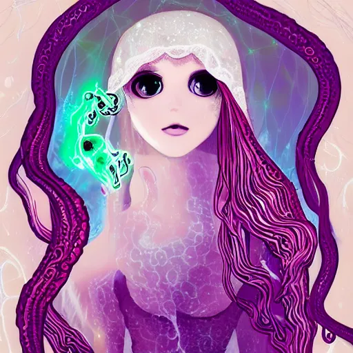 Image similar to Cthlulu!!!!!!!!!!!!!!! Squid-face lovecraftian eldritch profile pic, lace veil, magazine photoshoot, tentacles, glow galaxy background,