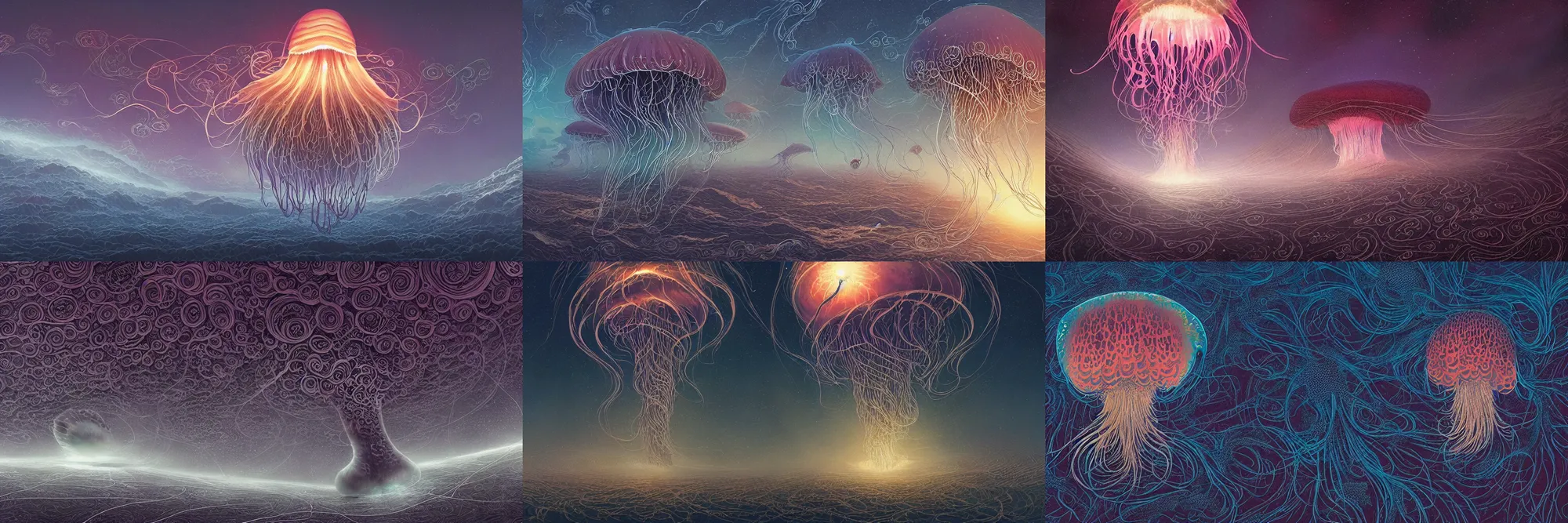 Prompt: a beautiful matte painting of a gigantic cosmic jellyfish with intricate fractal patterns flying through the earth's atmosphere, by Xsullo and Greg Rutkowski and Laurie Greasley and Dan Mumford, intricate, detailed, long wispy tentacles, dark billowing magic