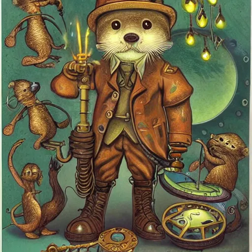 Image similar to a steampunk otter inventor, fantasy illustration, Louis William Wain