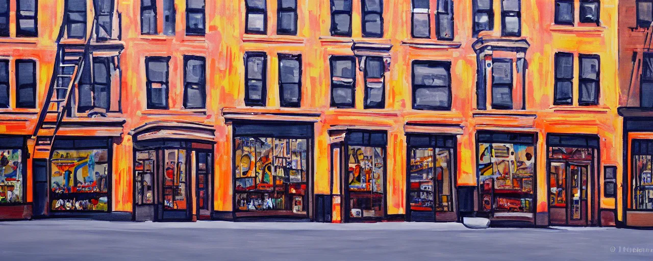 Prompt: painting of a building facade. storefronts. city block. new york.