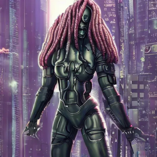 Prompt: photo of medusa in cyberpunk armour holding a bazooka