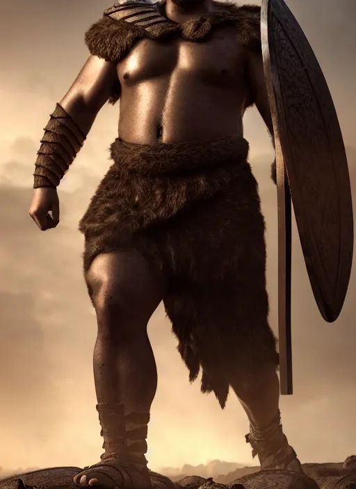 Prompt: full body hyper realistic illustration of Ibai Llanos as a spartan hoplite hero, big guy and big belly, perfect facial symmetry + dim volumetric lighting, 8k octane beautifully detailed render, post-processing, extremely hyperdetailed, intricate, epic composition, grim yet sparkling atmosphere, cinematic lighting + masterpiece, trending on artstation