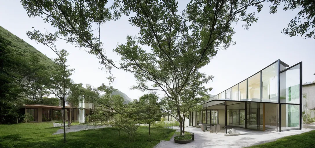 Image similar to single - family house designed by renzo piano. landscape design by kongjian yu.