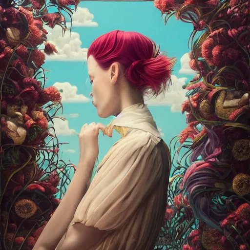 Image similar to pretty model with clouds : : by martine johanna and simon stalenhag and chie yoshii and casey weldon and wlop : : ornate, dynamic, particulate, rich colors, intricate, elegant, highly detailed, vogue, harper's bazaar art, fashion magazine, smooth, sharp focus, 8 k, octane render