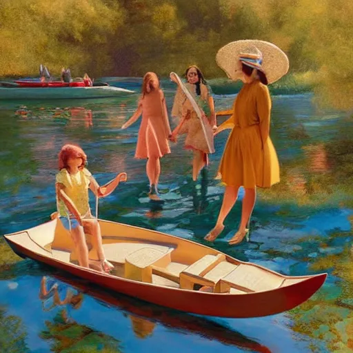 Image similar to The land art depicts a group of well-dressed women and children enjoying a leisurely boat ride on a calm day. The women are chatting and laughing while the children play with a toy boat in the foreground. alternate dimensions by Tibor Nagy, by Ken Kelly angular, doom