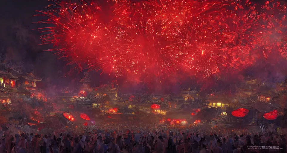 Prompt: craig mullins and ghibli digital art of zhongyuan festival in china ， red lanterns in the sky, black night sky, stars, fireworks, below is the crowd, fireworks, rivers, villages ， unreal engine, hyper realism, realistic shading, cinematic composition, realistic render, octane render, detailed textures, photorealistic, wide shot