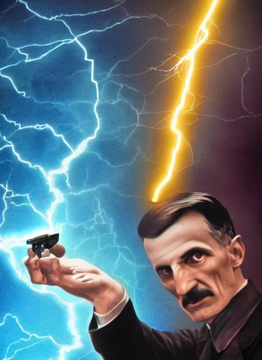 Prompt: color photograph of Nikola Tesla Nikola Tesla holding a futuristic tesla gun with lightning, futuristic, tesla coil, futuristic weapon, dynamic lightning, 4k, hyper realistic, modern photograph, digital art