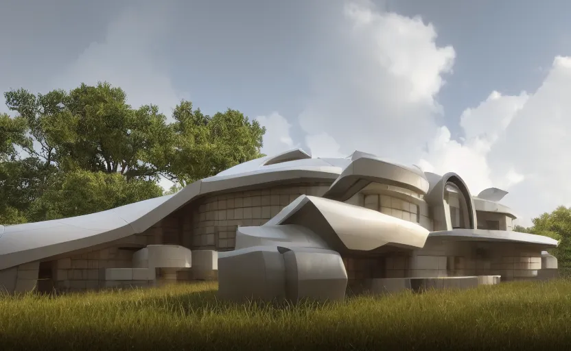 Image similar to futuristic rural architectural masterpiece by frank Lloyd wright and Zaha hadid, detailed, octane render, photo realism, 3D, ray tracing, photo realism