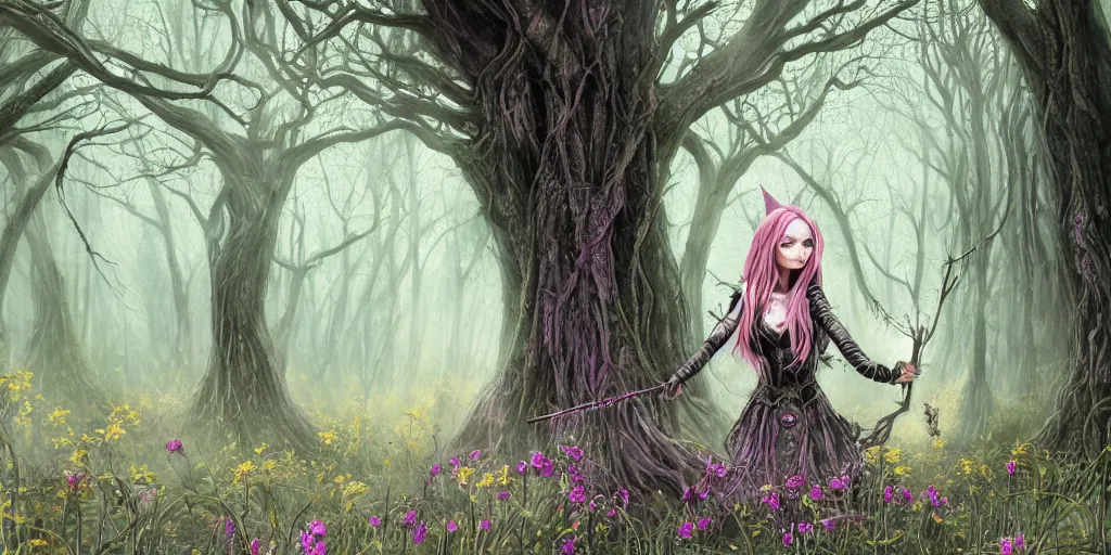 Prompt: a gothic elf woman of old walking through an open field with her staff in a beautiful forest of ancient neurons with yellow and pink glowing synapses running throughú the forest, huge incredibly immense trees, highly detailed, hyperrealism, trending on art station, ancient forest like fanal forest or fangorn forest, misty forest, realistic painting, sharp image, hyper realistic art, cinematic, art by konstantin razumov, chiaroscuro