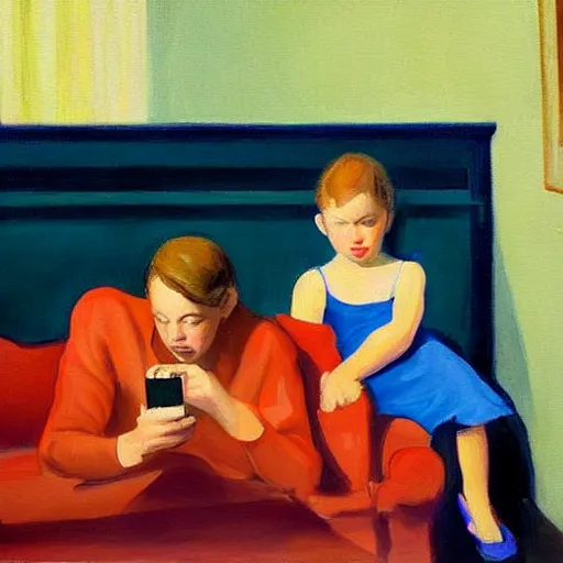 Image similar to a painting of a family sitting at home scrolling on their smartphones in the style of edward hopper