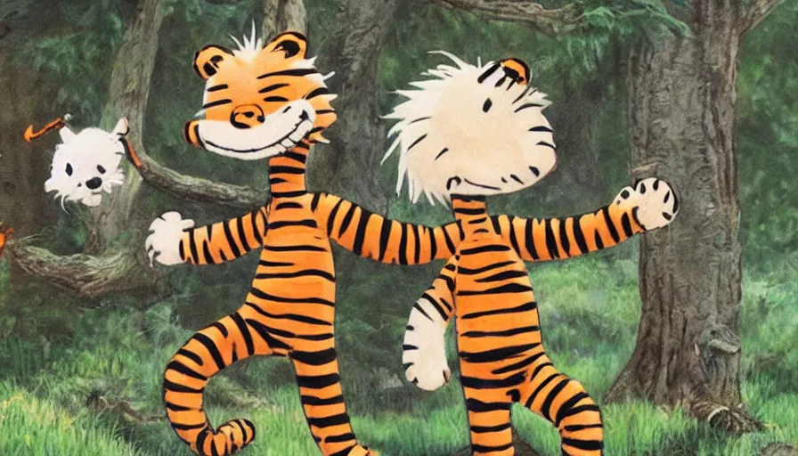 Prompt: a highly detailed photograph of a realistic calvin and hobbes,