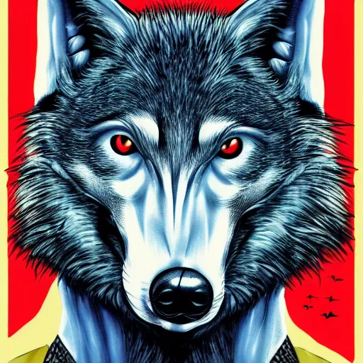 Prompt: portrait of retarded wolf, funny, squint eyes, rabies, propaganda style, vivid colors, poster style, he he