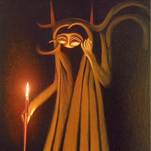 Image similar to highly detailed figure of a mad woman with candles on finger walking midair by remedios varo