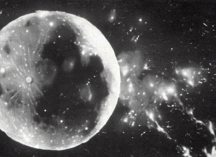 Image similar to vintage film still of the moon exploding shattering fragments in the sky around the exploding moon over new york city in the 1 9 2 0 s from the old sci - fi movie