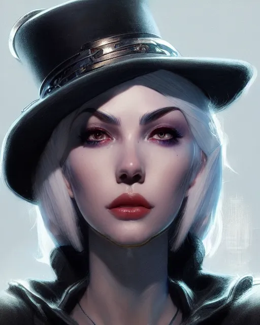 Image similar to ashe from overwatch, white hair, black hat, character portrait, portrait, close up, concept art, intricate details, highly detailed by greg rutkowski, michael whelan and gustave dore