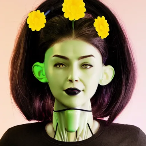 Image similar to female robot face with flower antennas