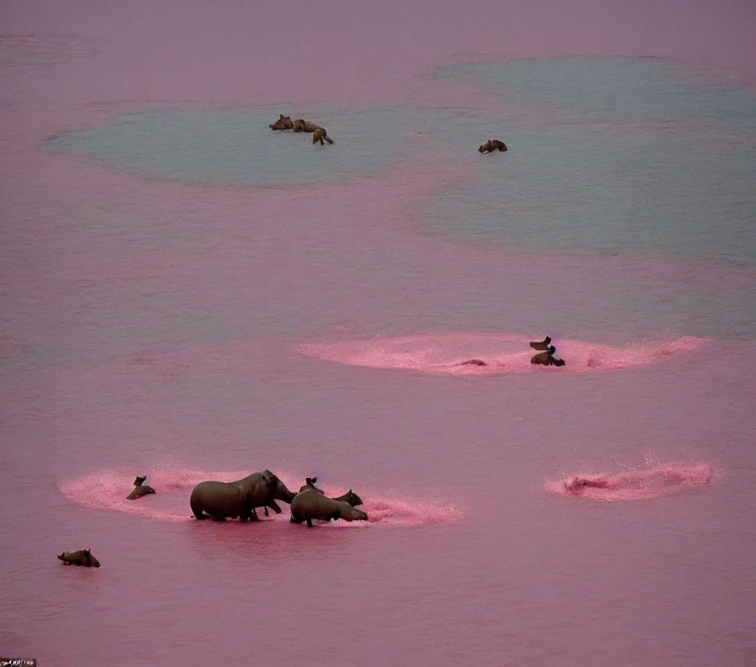 Image similar to a 3 5 mm photography, kodachrome colour of 3 0 hippos running in a pink lake, taken by martin parr