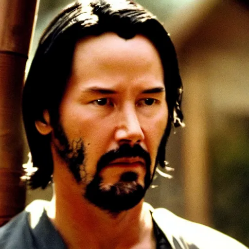 Image similar to cinematic film still of Keanu Reeves starring in a Steven Spielberg film as A Japanese Samurai at a temple, 1999, shallow depth of field, photograph, natural lighting