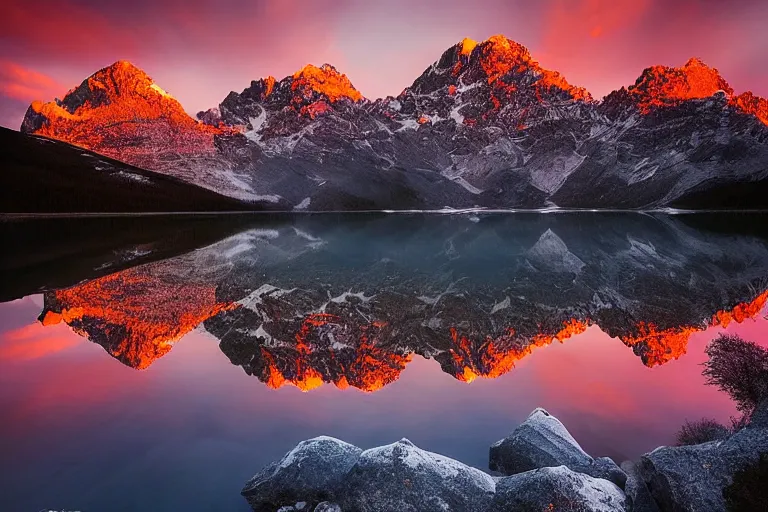 Image similar to amazing landscape photo of mountains with lake in sunset by marc adamus beautiful dramatic lighting