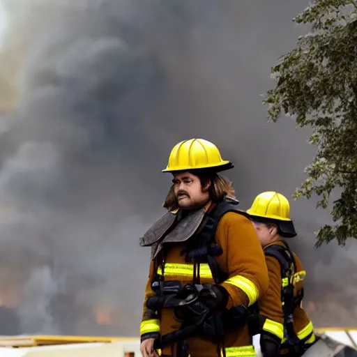 Prompt: jack black looking peaceful while escaping a raging building fire, movie still, 8 k