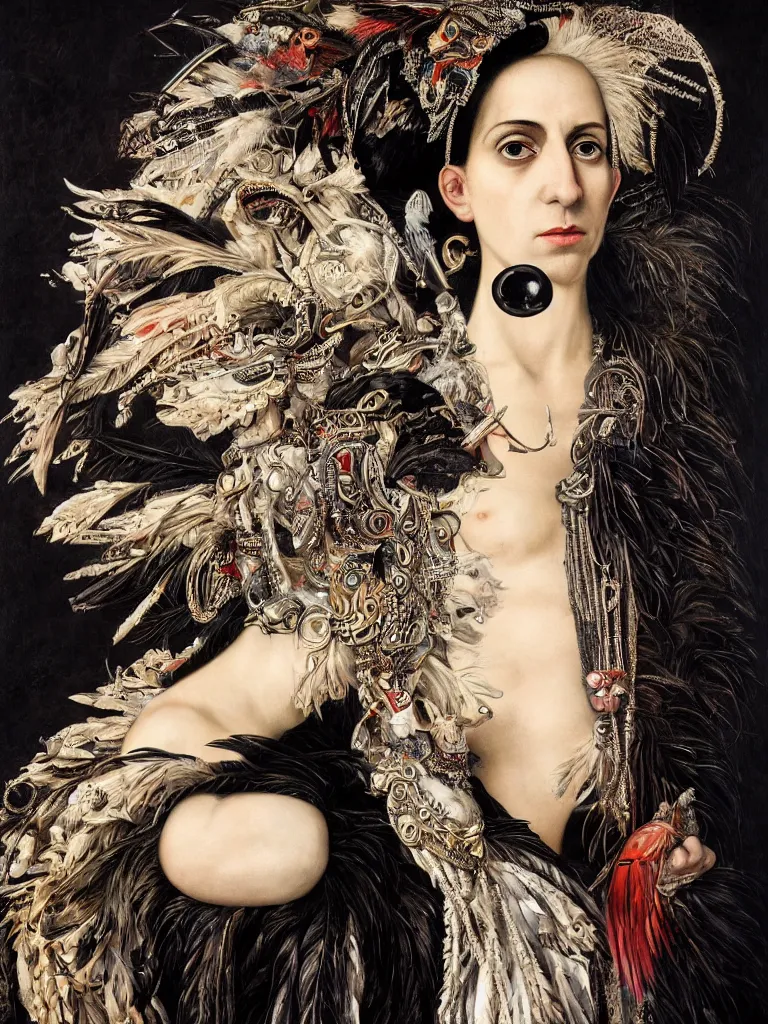 Prompt: Detailed maximalist portrait with stunning jet-black skin, white beautiful eyes, a mouth like PJ Harvey, feathers and milk, HD mixed media, 3D collage, highly detailed and intricate, surreal illustration in the style of Caravaggio, dark art, baroque