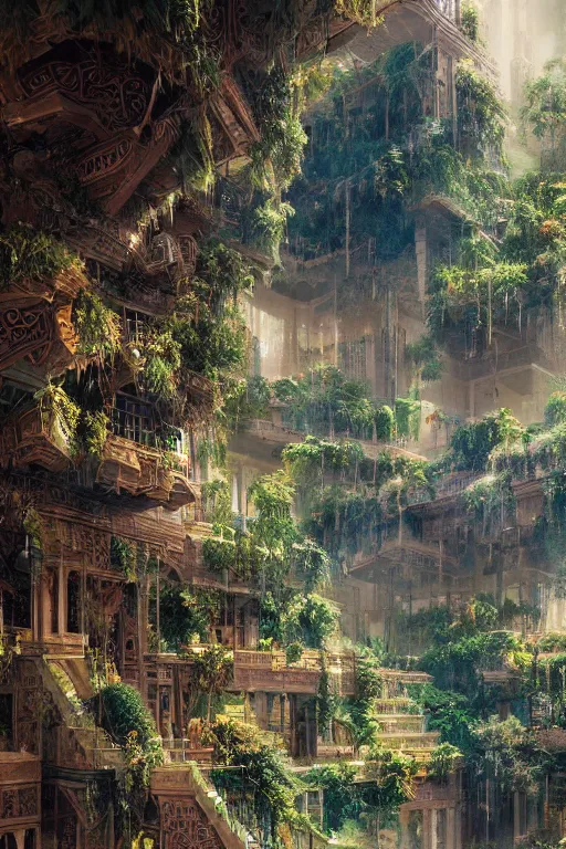 Image similar to magnificent view of the hanging gardens of babylon, intricate, elegant, volumetric lighting, digital painting, highly detailed, artstation, sharp focus, illustration, concept art, ruan jia, steve mccurry