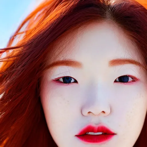 Image similar to Close up photo of the left side of the head of a young beautiful redhead korean woman with gorgeous blue eyes, beautiful white teeth and wavy long red hair, red detailed lips and freckles who looks directly at the camera. Slightly open mouth. Whole head visible and covers half of the frame, with a park visible in the background. 135mm nikon.