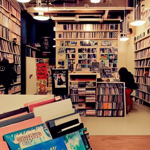 Image similar to cute cozy record store interior, vinyl records, bold anime art by makoto shinkai, production IG, madhouse, Japanese animation