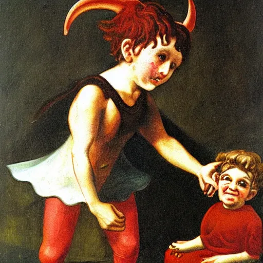 Prompt: small child as the devil, classic painting,