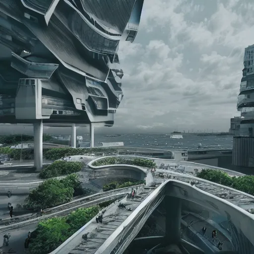 Image similar to scifi architecture, city, sustainable, ecology, green, parametric, brutal, concrete, people, sea, water, cinematic, realistic, octane render.