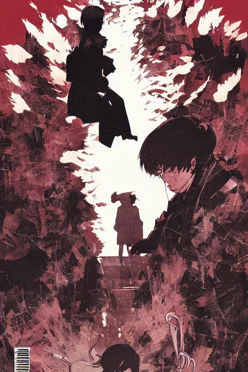 Image similar to professionally drawn horror detective manga comic cover, dramatic, beautifully drawn coherent professional, drawn by ilya kuvshinov, ilya kuvshinov, satoshi kon, kentaro miura, dave mckean, tsutomu nihei. by tomer hanuka and michael whalen, minimalist stylized cover art, cel shaded