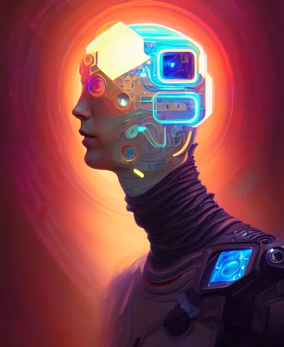 Image similar to a whirlwind inside the metaverse, guy, male, man, hologram, half body, neurochip, android, cyborg, cyberpunk face, by loish, d & d, fantasy, intricate, elegant, highly detailed, colorful, digital painting, artstation, concept art, art by artgerm and greg rutkowski and alphonse mucha