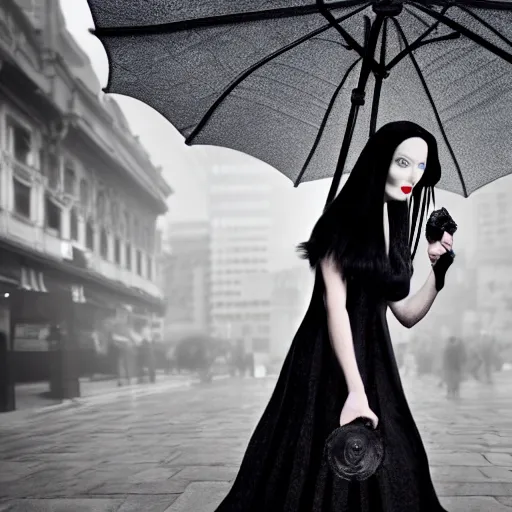 Image similar to morticia addams holding an parasol during a [ humid, rainy day ] as she saunters across the city, trending on artstation, 4 k photorealism, unsplash contest winner, shot by jimmy nelson