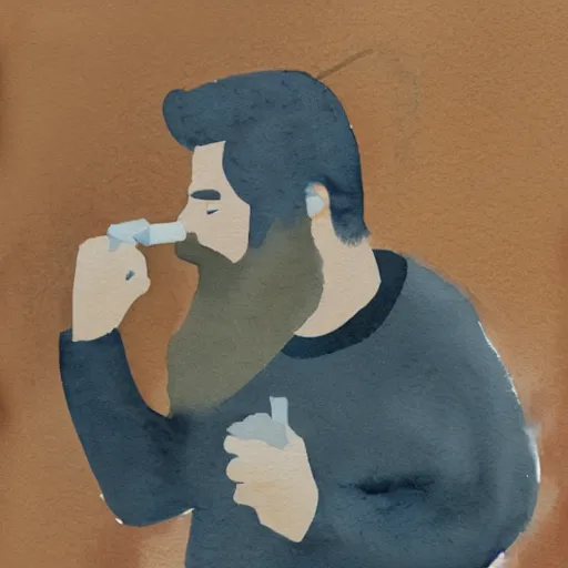 Image similar to watercolor painting of a man with a beard smoking a cigarette, he is wearing a brown sweater, dark style, dramatic lighting