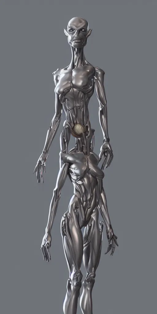 Image similar to Tall grey alien creature, dramatic lighting, very detailed, electrical details, high details, 4k, 8k, trending on artstation, by Hajime Sorayama and Paolo Eleuteri Serpieri