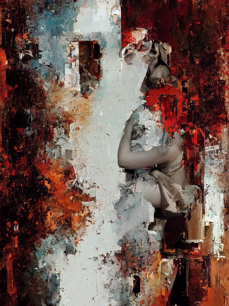 Prompt: a beautiful painting by robert proch and christian hook of a woman in front of a mirror in a glitched bathroom, metal rust and plaster materials, pixel sorting, color bleeding, brushstrokes by jeremy mann