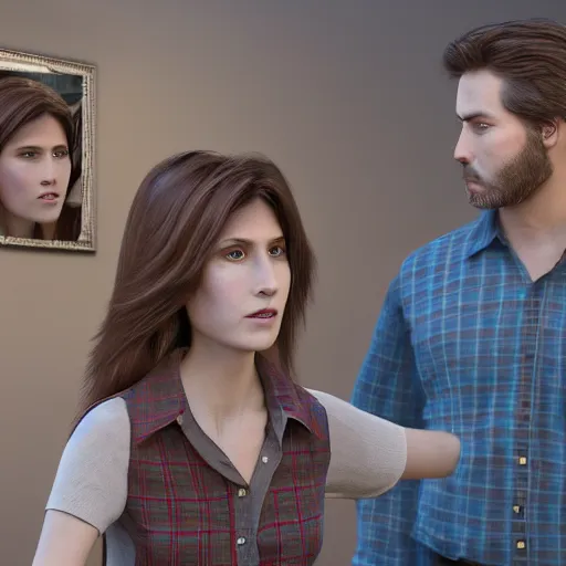 Prompt: On the right there is a brown-haired man wearing a blue plaid shirt holding the hand of a brown-haired woman wearing a light blue blouse and jeans and looking at him angrily, The man is looking behind him and whistling appreciatively at a blurred woman wearing a red sleeveless dress in the foreground, intricate, elegant, highly detailed, digital painting, artstation, concept art, smooth, sharp focus, illustration, art by artgerm and greg rutkowski and alphonse mucha and andrei riabovitchev