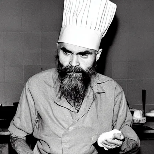 Image similar to charles manson baking a loaf of bread wearing a chef hat