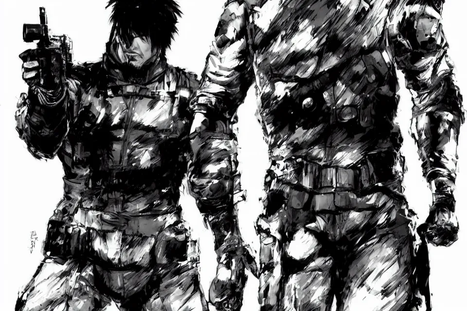 Image similar to a full - body portrait of chow yun - fat, in yoji shinkawa's art style, metal gear solid art style highly detailed, 4 k, artistic, white background, b & w