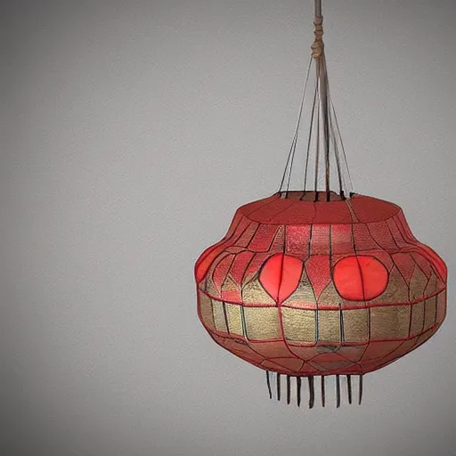 Prompt: A hanging ancient Japanese paper lantern, prop concept art design ,artstation. 3D Model render in maya，C4D. detail